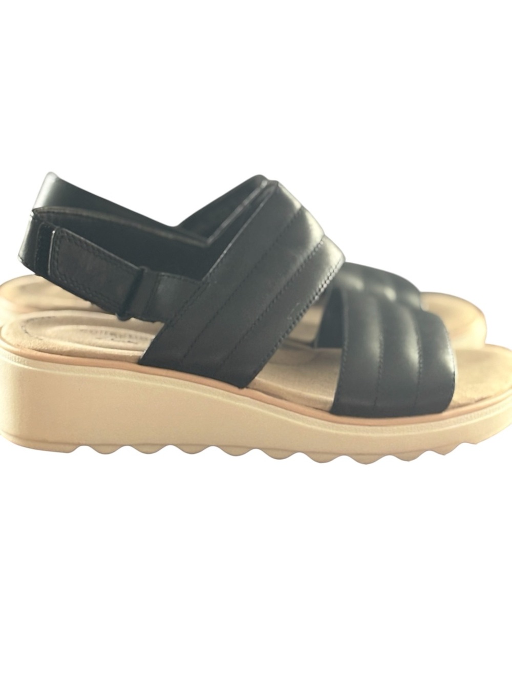 Clarks Black Quilted-Strap Platform Sandals with Cream Sole